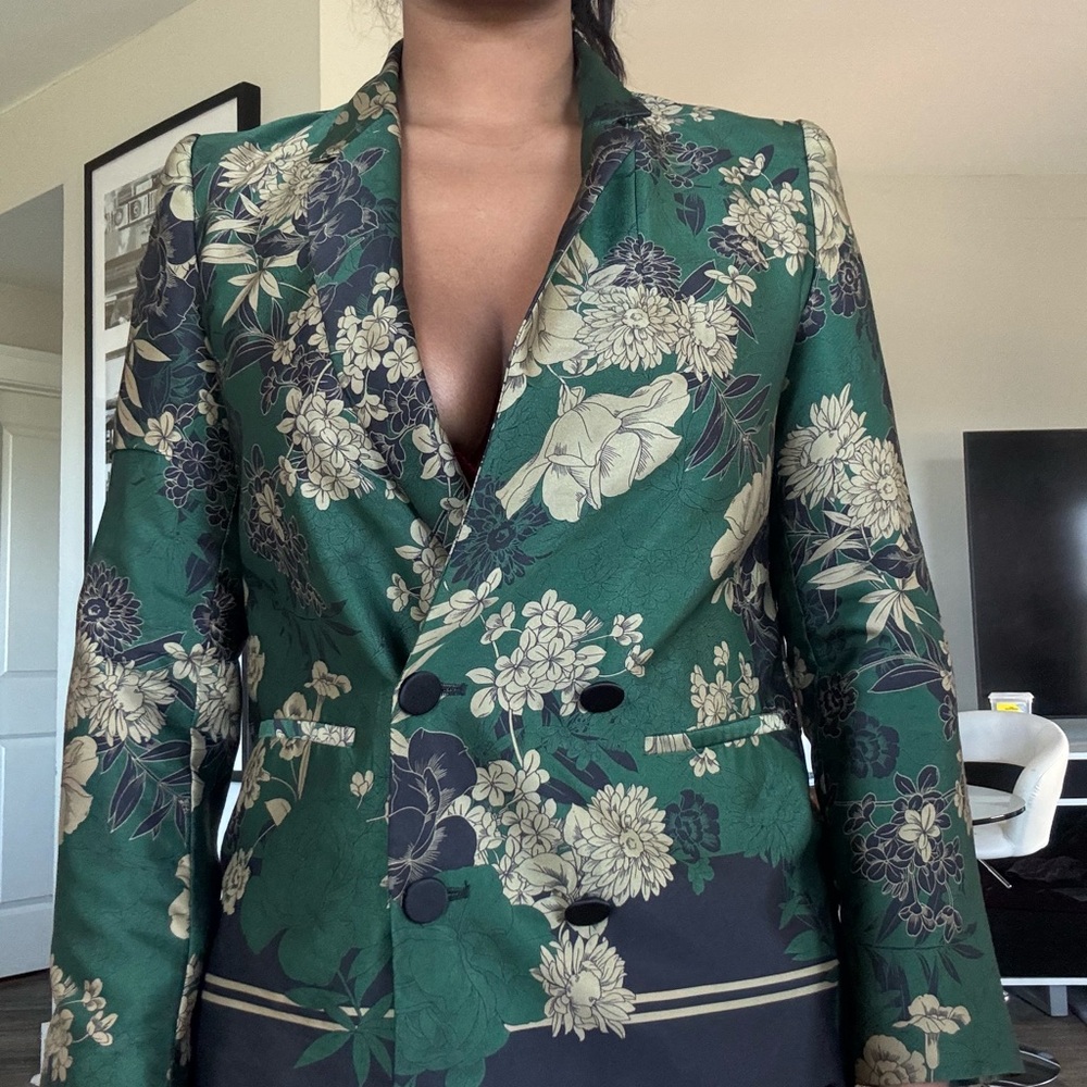 Zara Floral Green Double-Breasted Women's Blazer